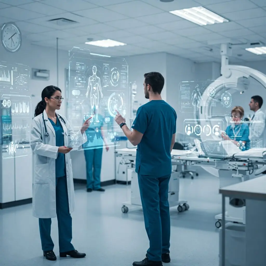 **Text-to-Image Prompt:** "An advanced healthcare facility integrating AI technology, featuring doctors and medical staff using AI-powered tools like predictive analytics dashboards, voice recognition systems, and generative AI-driven medical imaging. A futuristic hospital setting with holographic patient data displays, ambient listening devices capturing real-time clinical documentation, and AI algorithms analyzing patient charts. The atmosphere is high-tech yet human-centered, emphasizing improved patient care and operational efficiency."
